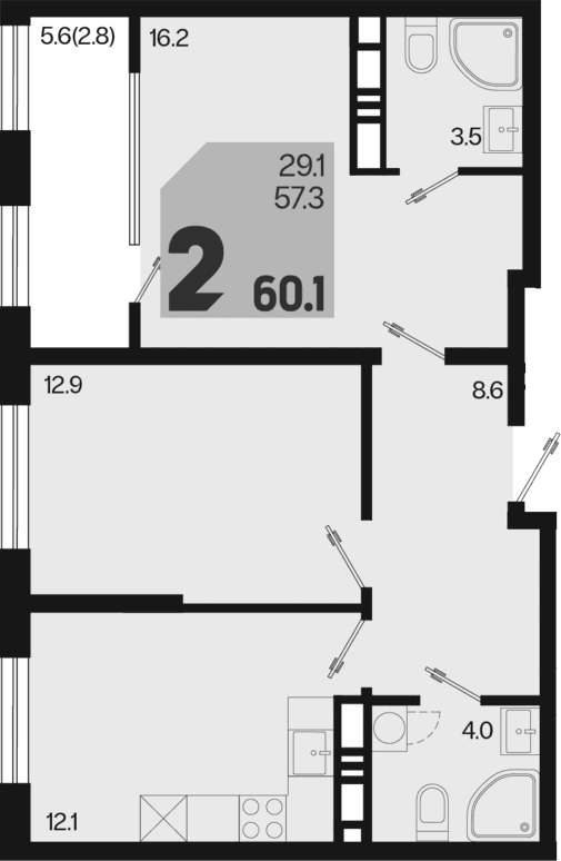 Продается 2-комн. квартира, 57.3 м²