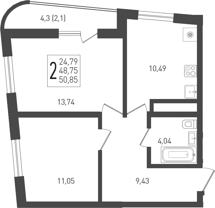 Продается 2-комн. квартира, 51.1 м²