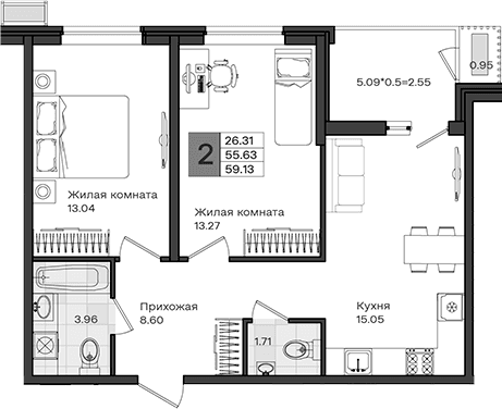 Продается 2-комн. квартира, 55.63 м²