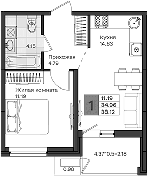 Продается 1-комн. квартира, 34.96 м²