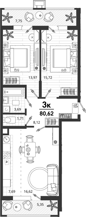 Продается 2-комн. квартира, 67.52 м²