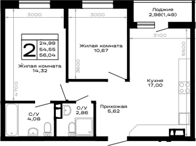 Продается 2-комн. квартира, 54.55 м²