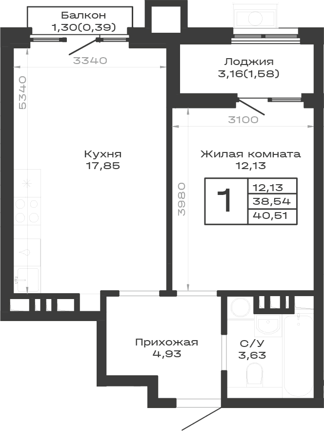 Продается 1-комн. квартира, 38.54 м²
