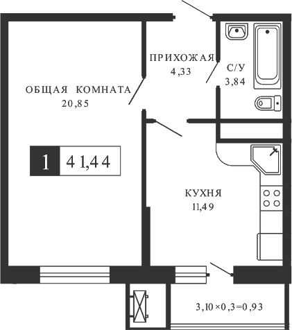 Продается 1-комн. квартира, 41.03 м²