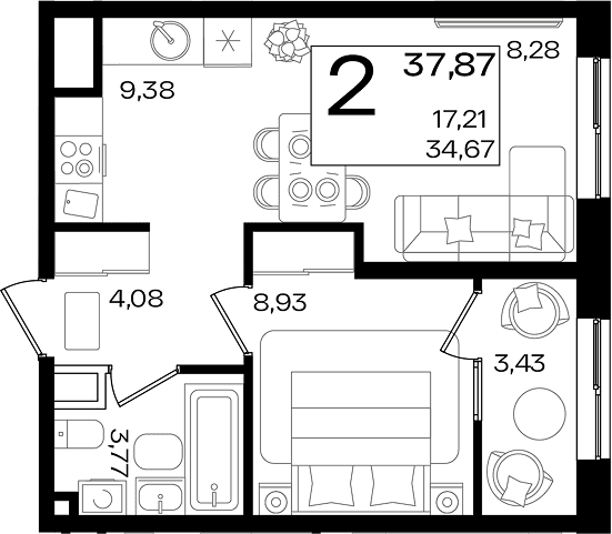 Продается 2-комн. квартира, 34.76 м²