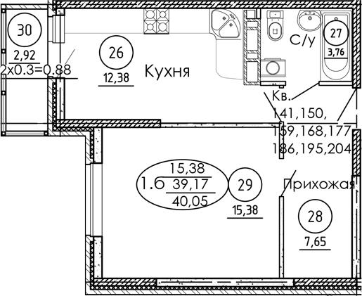 Продается 1-комн. квартира, 39.17 м²