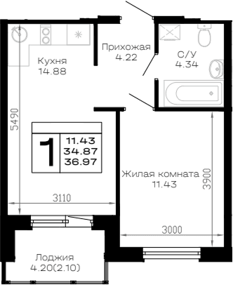 Продается 1-комн. квартира, 34.87 м²