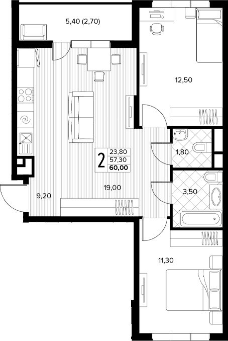 Продается 2-комн. квартира, 57.3 м²