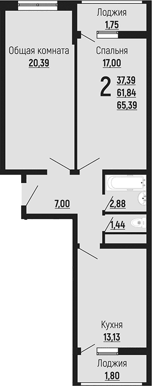 Продается 2-комн. квартира, 61.84 м²