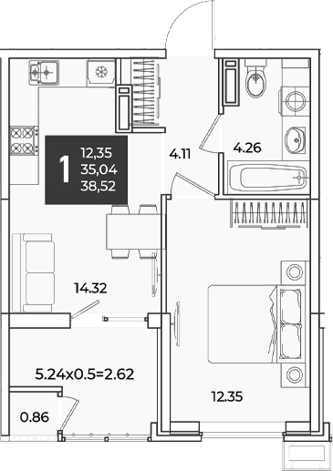 Продается 1-комн. квартира, 35.04 м²