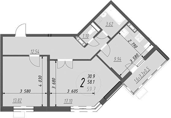 Продается 2-комн. квартира, 60.1 м²