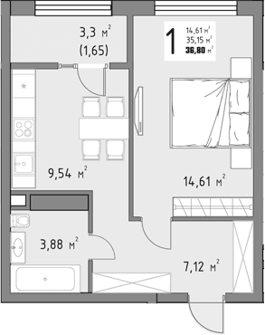 Продается 1-комн. квартира, 35.15 м²