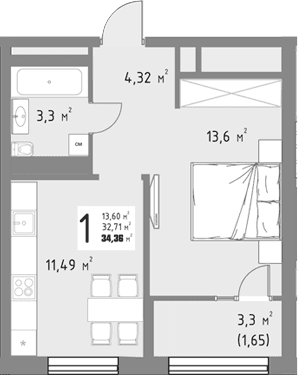 Продается 1-комн. квартира, 32.71 м²