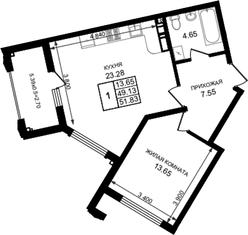 Продается 1-комн. квартира, 49.13 м²