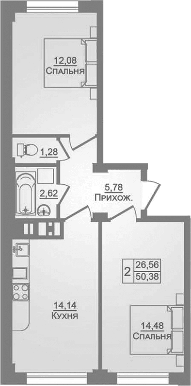 Продается 2-комн. квартира, 50.38 м²