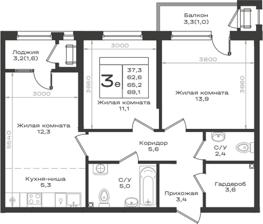 Продается 3-комн. квартира, 62.6 м²