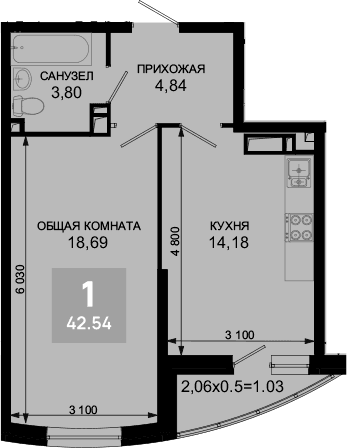 Продается 1-комн. квартира, 41.51 м²