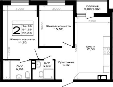Продается 2-комн. квартира, 54.55 м²
