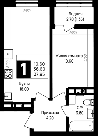 Продается 1-комн. квартира, 36.6 м²