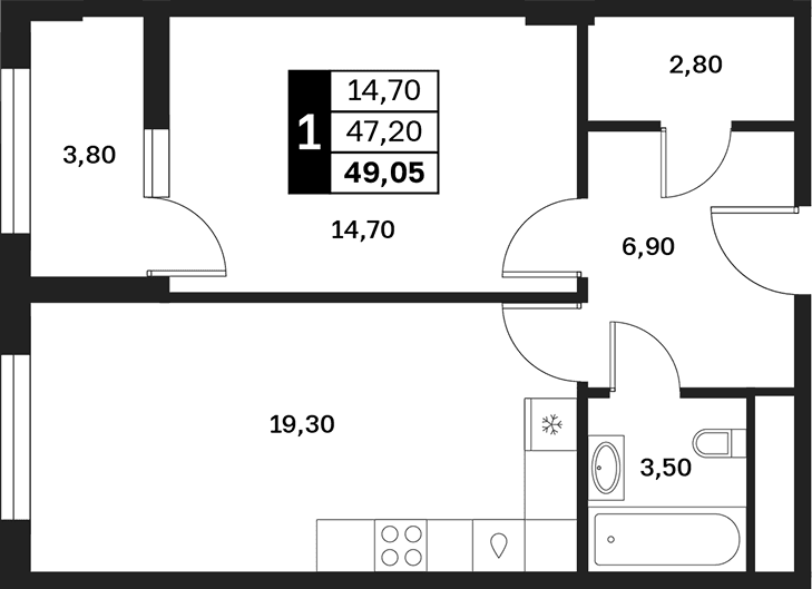 Продается 1-комн. квартира, 47.15 м²