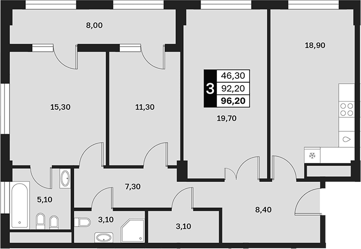 Продается 3-комн. квартира, 92.2 м²