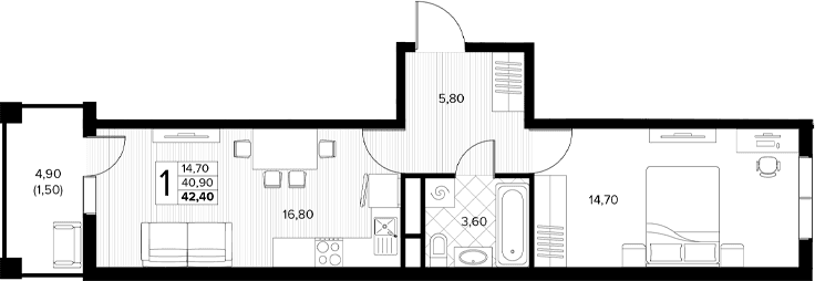Продается 1-комн. квартира, 41 м²