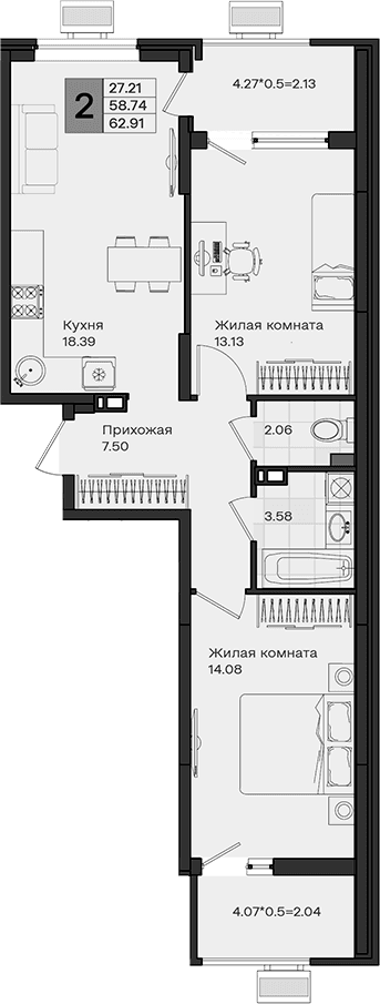 Продается 2-комн. квартира, 58.74 м²