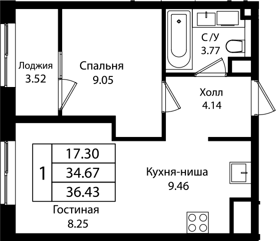 Продается 2-комн. квартира, 34.44 м²