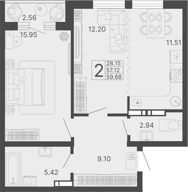 Продается 2-комн. квартира, 57.12 м²