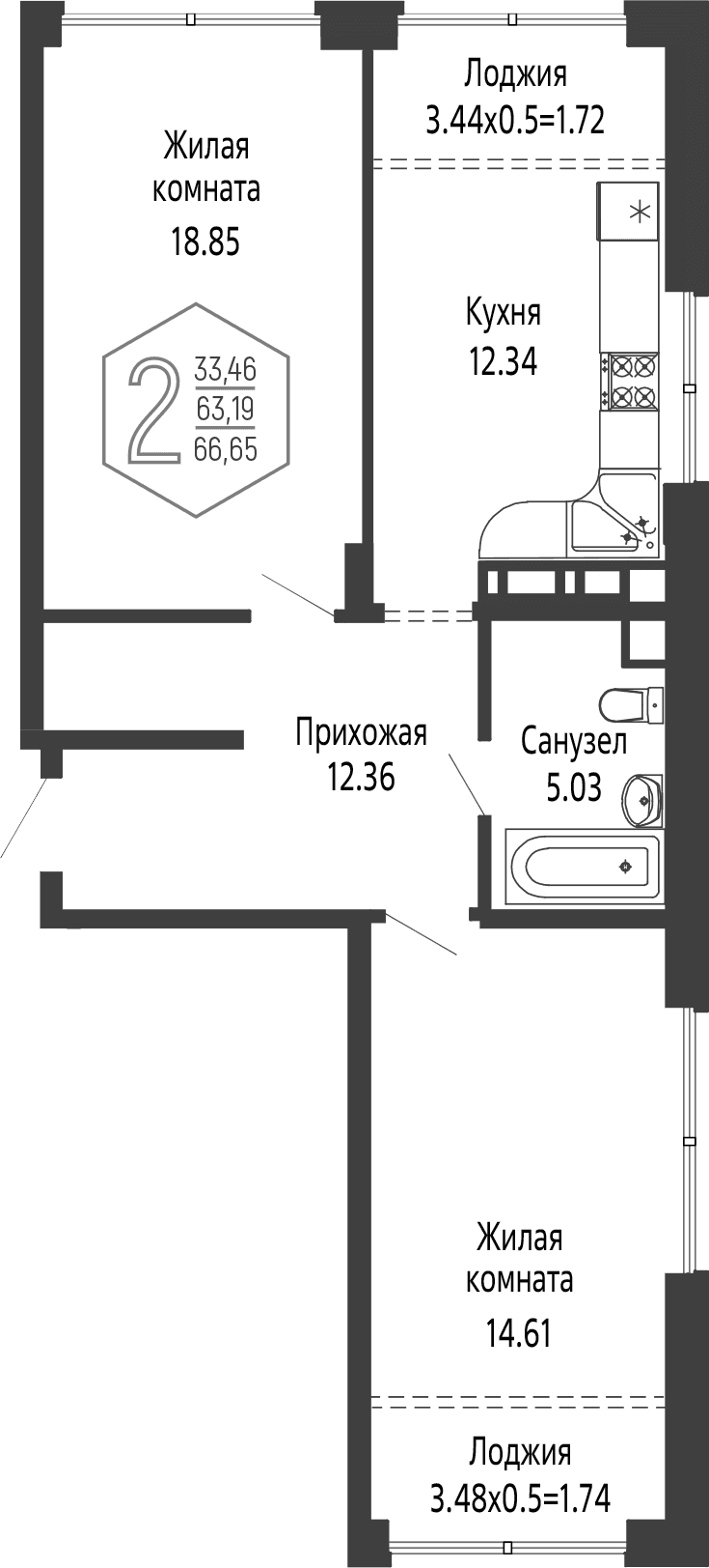 Продается 2-комн. квартира, 63.19 м²