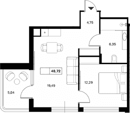 Продается 1-комн. квартира, 42.88 м²