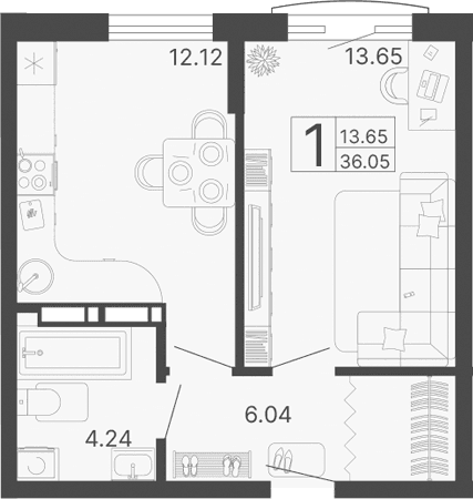 Продается 1-комн. квартира, 36.05 м²