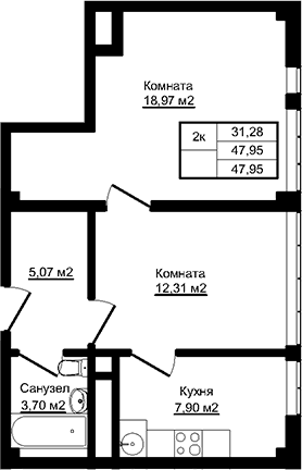 Продается 2-комн. квартира, 47.95 м²