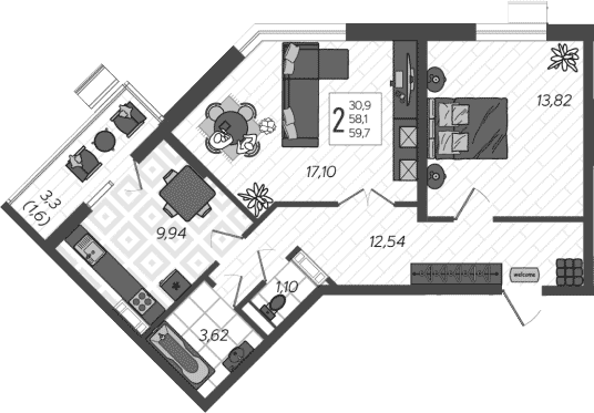 Продается 2-комн. квартира, 58.1 м²