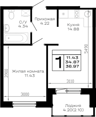 Продается 1-комн. квартира, 34.87 м²