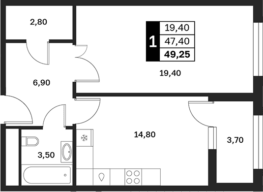 Продается 1-комн. квартира, 47.4 м²
