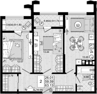 Продается 2-комн. квартира, 59.59 м²