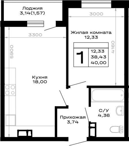 Продается 1-комн. квартира, 38.43 м²