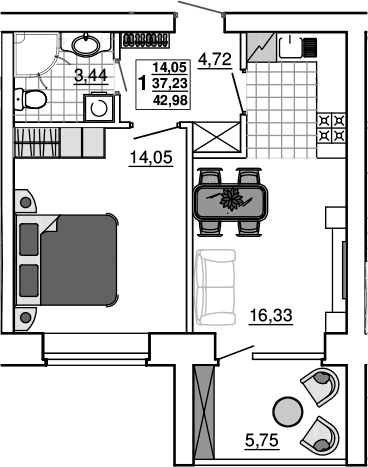 Продается 1-комн. квартира, 37.23 м²