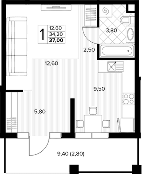 Продается 1-комн. квартира, 34.2 м²