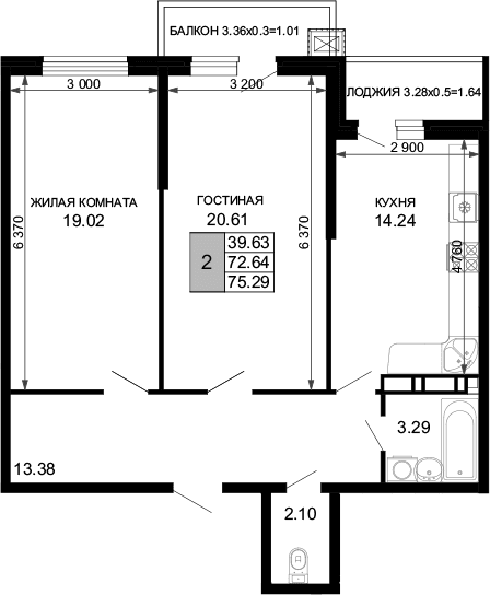 Продается 2-комн. квартира, 72.64 м²