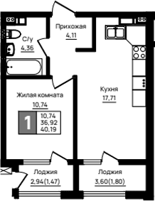 Продается 1-комн. квартира, 36.92 м²