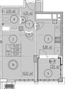 Продается 1-комн. квартира, 32.84 м²