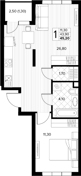 Продается 1-комн. квартира, 43.9 м²