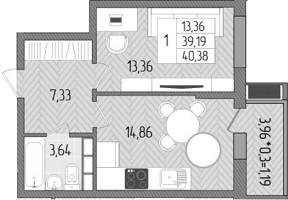 Продается 1-комн. квартира, 39.19 м²