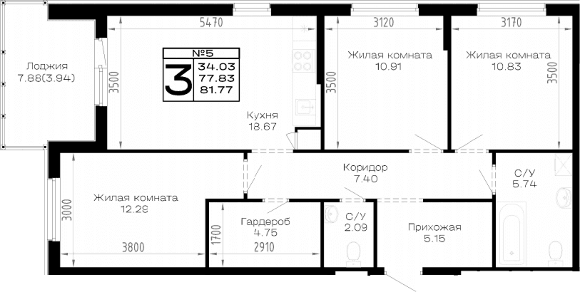 Продается 3-комн. квартира, 77.83 м²
