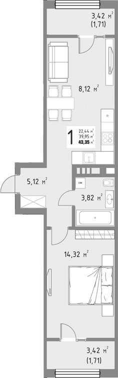 Продается 1-комн. квартира, 39.93 м²