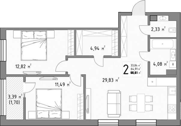 Продается 2-комн. квартира, 64.91 м²