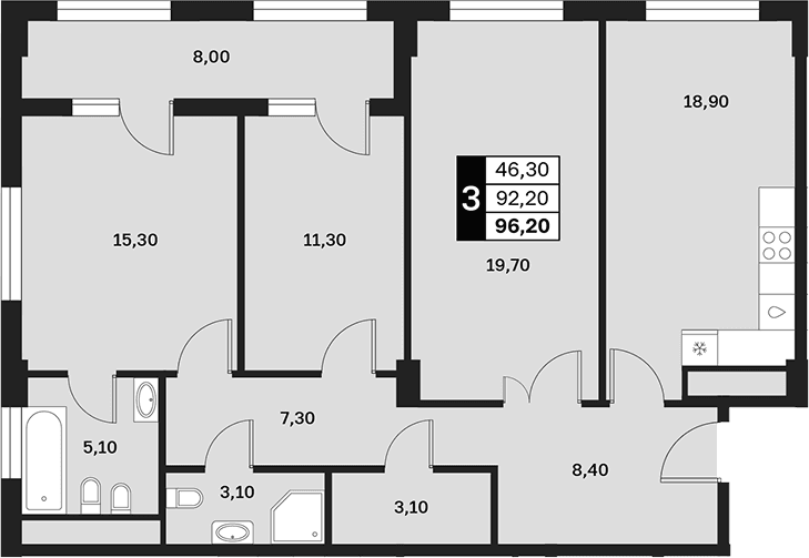 Продается 3-комн. квартира, 92.2 м²