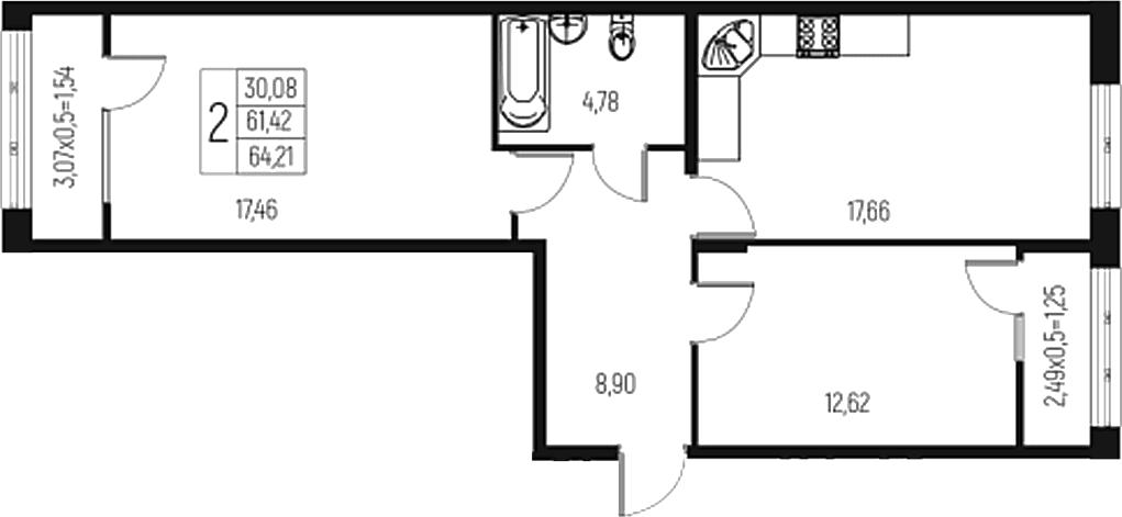 Продается 2-комн. квартира, 61.42 м²